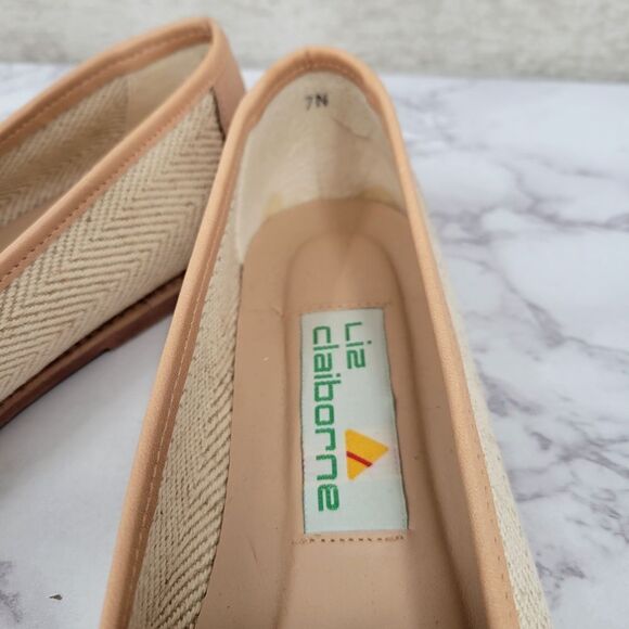 Liz Claiborne Vintage Beige Woven and Tan Leather Flats Loafers Shoes Preppy - Picture 6 of 12